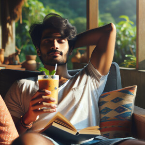 a relaxed individual enjoying a fruit smoothie while reading a b...