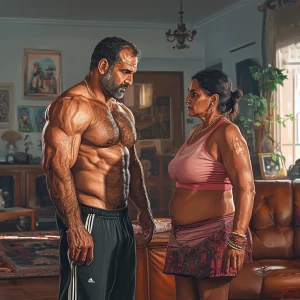 Digital art 1:1, a muscular man, glistening with sweat, standing...