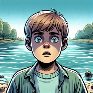 Create a pictorial representation of a young boy standing in fro...