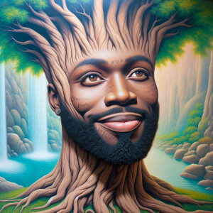 A hyper-realistic 3-D oil painting depicting a tree integrated w...