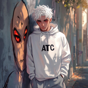Create an image of a 22-year-old man with white hair and red eye...