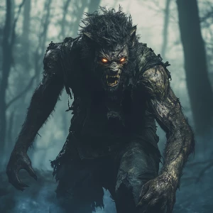 scruffy man, torn clothes, wild messy hair, glowing fierce eyes,...