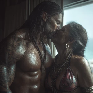 Hyperrealism   ,a latin muscular beefy tattoed sweaty man kissin...