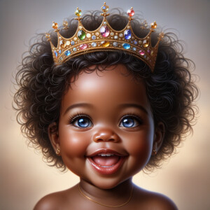 "Create a digital portrait of an adorable african-American baby girl with a joyful expression. She is wearing a gold crown with colorful jewels. Her big, bright blue eyes are wide with wonder, and her tiny mouth is shaped in a happy grin. Her skin has a warm, honey-brown tone, and she has an abundance of thick curly black hair, The background is soft and neutral to keep the focus on her delightful features. The portrait should be vibrant and heartwarming, celebrating the innocence and charm of childhood."