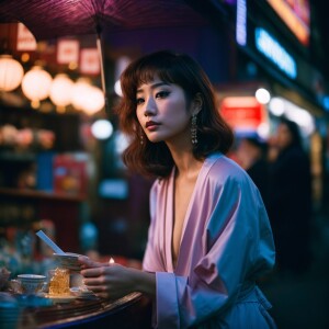 An elegant woman in Tokyo, 80s, nighttime setting, anime style,...