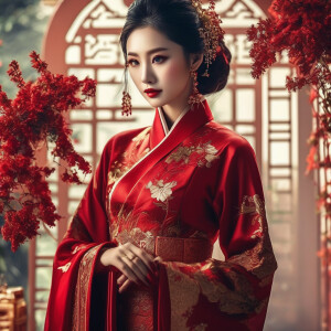 Chinese antique wedding dress，red theme，Beautiful woman with a...