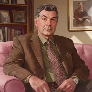 A middle-aged man with neatly combed hair, wearing a brown suit...