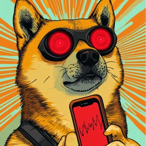 DOGE MEME with red lasers from eyes eyes, blank stare, holding a...