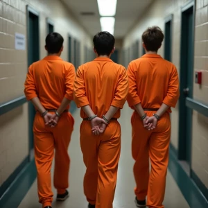 Caucasian teen males wearing fitted orange jumpsuits walk single...