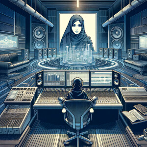 Picture of a producer in the studio in a futuristic studio