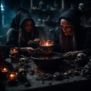 Dark witches with a grotesque face, skin torn, nails elongated s...