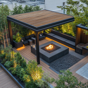 Design a modern rooftop garden featuring a sleek gazebo, a speci...