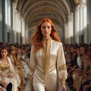 Photorealistic image. Walking down a Runway walk image. Head to...