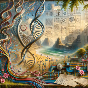 circuitry, diagrams Cellular structures, DNA, circuit boards, colorful wires,  asian and Egyptian  graffiti, lie detector graphs, cardio, printout , branches infinity sign, cave, Art, handprints, distant birds flying, flowering vines, abstract gestural painting, dna