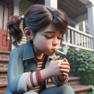 Girl with pigtails smoking a cigarette on the porch.