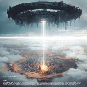 "Create a breathtaking sci-fi scene of a massive, hovering ring-...