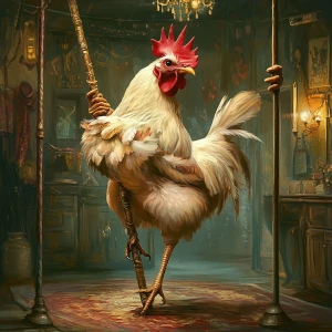 An anthropomorphic hen performing a pole dance inside a coop, mi...