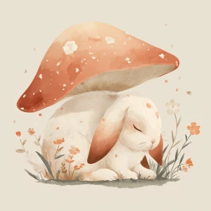 Cute fluffy rabbit curled up sleeping under a large spotted mush...