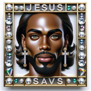 "Create a 3D realistic artwork featuring the phrase 'Jesus Saves...