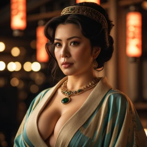 Create a curvy and very busty woman of Ashkenazi and Japanese ancestry. Endow her with great intelligence and allure.