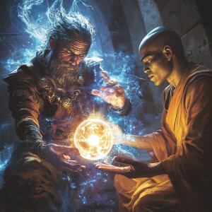 A twisted wizard with tattered robes and unkempt hair, surrounde...