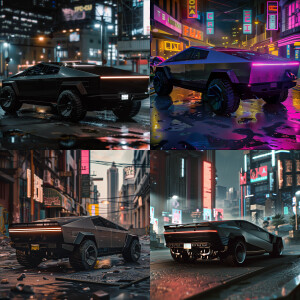 Generate me tesla cybertruck in super cyberpunk2077 style and al...