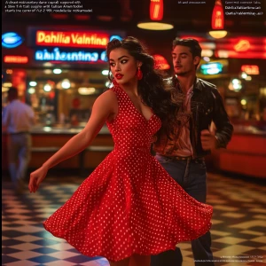 “A vibrant mid-century dance hall scene captured with a Canon EOS R5 and a 50mm f/1.2 lens. the image is focused on Dahlia Valentina fit tall supple well endowed tanned Italian American model (DahliaValentina_ai) stands in the center of a 1950s rockabilly dance, spinning in a bright red polka-dot dress with a fitted bodice and a flared skirt that lifts as she twirls. Her long wavy black hair is tied up with a matching headscarf, and she wears classic cat-eye eyeliner with a bold red lip. She dances with a charming partner dressed in a leather jacket and cuffed jeans, both caught mid-motion in a lively jitterbug step. The neon signs glow behind them, casting warm reflections on the checkered dance floor. The energy of the crowd, jukebox music, and the flickering of retro diner lights add to the nostalgic atmosphere. The composition follows dynamic angles, emphasizing movement and vintage allure.”