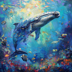 A whale swimming next to a school of fish