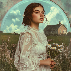 Digital art portrait of a serene female in a vintage dress, hold...