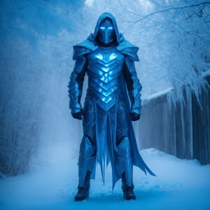 Full-body image of a menacing villain known as the Ice Reaper, a...