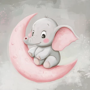 A cute, cartoon elephant sits on a stylized, rosy-pink crescent moon. The elephant is light gray with large, round, pink-spotted ears.  Its body is round and its trunk is curled gently upward.  The elephant's eyes are large and round, and its facial expression is happy and friendly. The elephant's legs and feet are visible, and its posture is relaxed, sitting. The moon is a soft, shaded pink, with watercolor-like texture and subtle shading. The background is a muted gray, resembling a wooden surface. The image is in a child-friendly style, showcasing delicate line work and color palettes. The composition is centered on the elephant, which is positioned on the moon. The overall style is sweet, whimsical, and reminiscent of children's book illustrations.  The colors are pastel and soothing, creating a gentle atmosphere.  Small, light pink polka dots accentuate the elephant's ears and trunk, enhancing the adorable aesthetic.