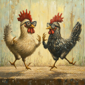 Two rooosters, one a bit fat pecks grains and wear glasses and a...