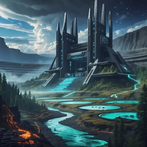 Design a detailed image of the imposing Fortress of Axiom, a mon...