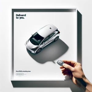 A pristine white background. A premium, sleek rental car (Tesla...