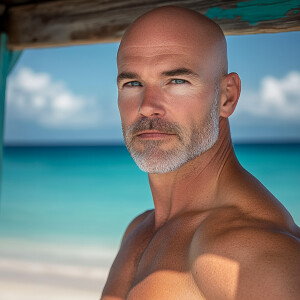 Generate an image of a fit, middle-aged bald man with a toned ph...