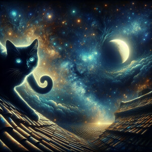 surreal fairy tale art background, cat on roof,
night sky with m...