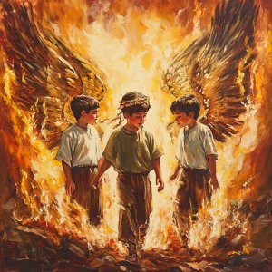 Create image of three Hebrew boys and an angel surrounded by flames but are unharmed