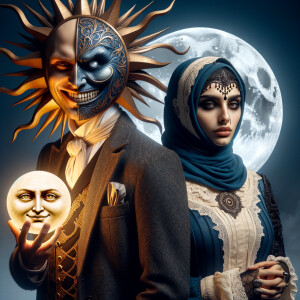 Picture of 1 man dan 1 woman, The man represents the Sun that bright but mindmaker and evil smirk, The woman represents the moon that calm but psychotic, elegant gothic clothes, dangerous duo