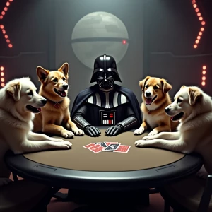 Darth Vader playing poker with different breeds of dogs, each sh...