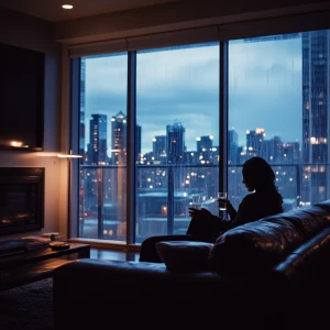 Create a dramatic and atmospheric image of an upscale high-rise...