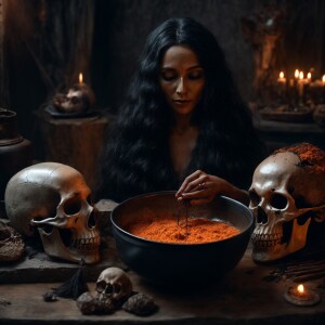 Dark witches with a grotesque face, skin torn, nails elongated s...