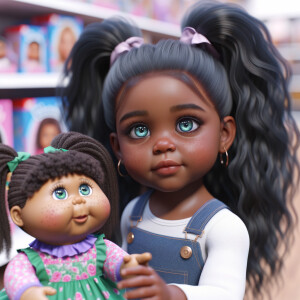 Create a 3-D realistic image of an African-American little girl above the age of five she has huge, blue eyes and thick long ponytails.
She is in a toy store and she is playing with her favorite african-American Cabbage Patch doll , the doll has deep, dimples and freckles