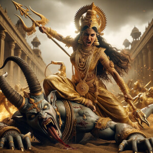 portrait of angry looking, indian goddess straddling a defeated...