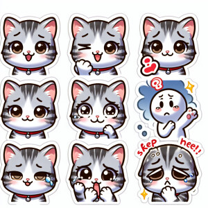 Create a sticker pack for me featuring a cute gray-and-white kit...