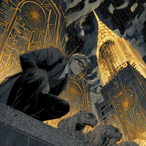 Manga-style noir detective crouched on a gilded Art Deco gargoyl...