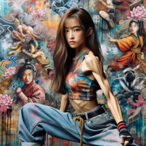 Very thin Athletic Thin skinny Attractive, Asian teenage girl, long brown hair and bangs, wearing tight skinny jeans and a halter top paint marks on her clothing, sitting side view heroic pose Asian graffiti