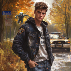 1 male, young adult male, policeman, (short hair), brown hair co...