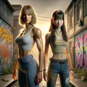 Athletic Thin skinny Attractive, Asian teenage girl, long brown hair and bangs, wearing tight skinny jeans and a halter top paint marks on her clothing, heroic pose Asian graffiti background, backside view