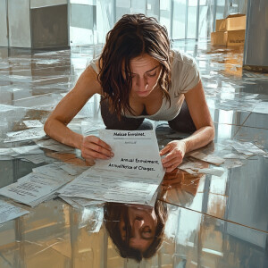 Generate an image of a weary, woman with brown hair streaked wit...