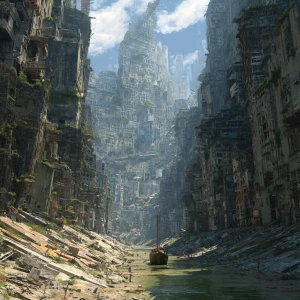 A vast, abandoned cityscape. Crumbling buildings fill the enviro...